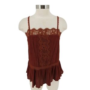 American Eagle Peplum Tank Top Rust Brown Sleeveless Lace Trim Square Neck Shirt